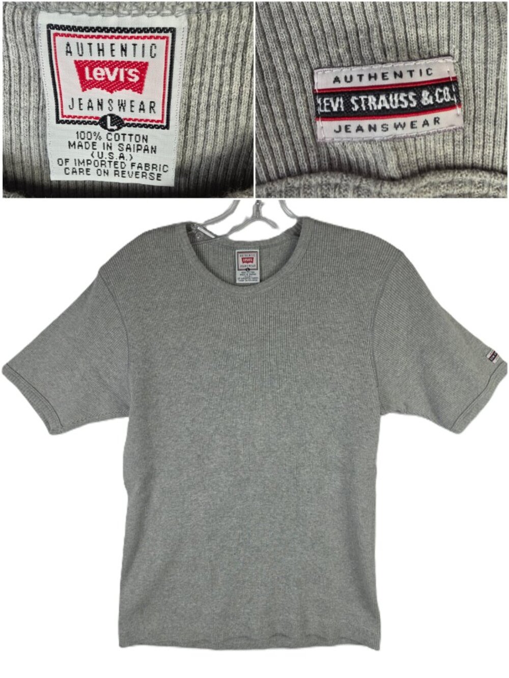 Vintage 90s LEVI'S Ribbed Tee Shirt 100% Cotton Gray size L Made in USA